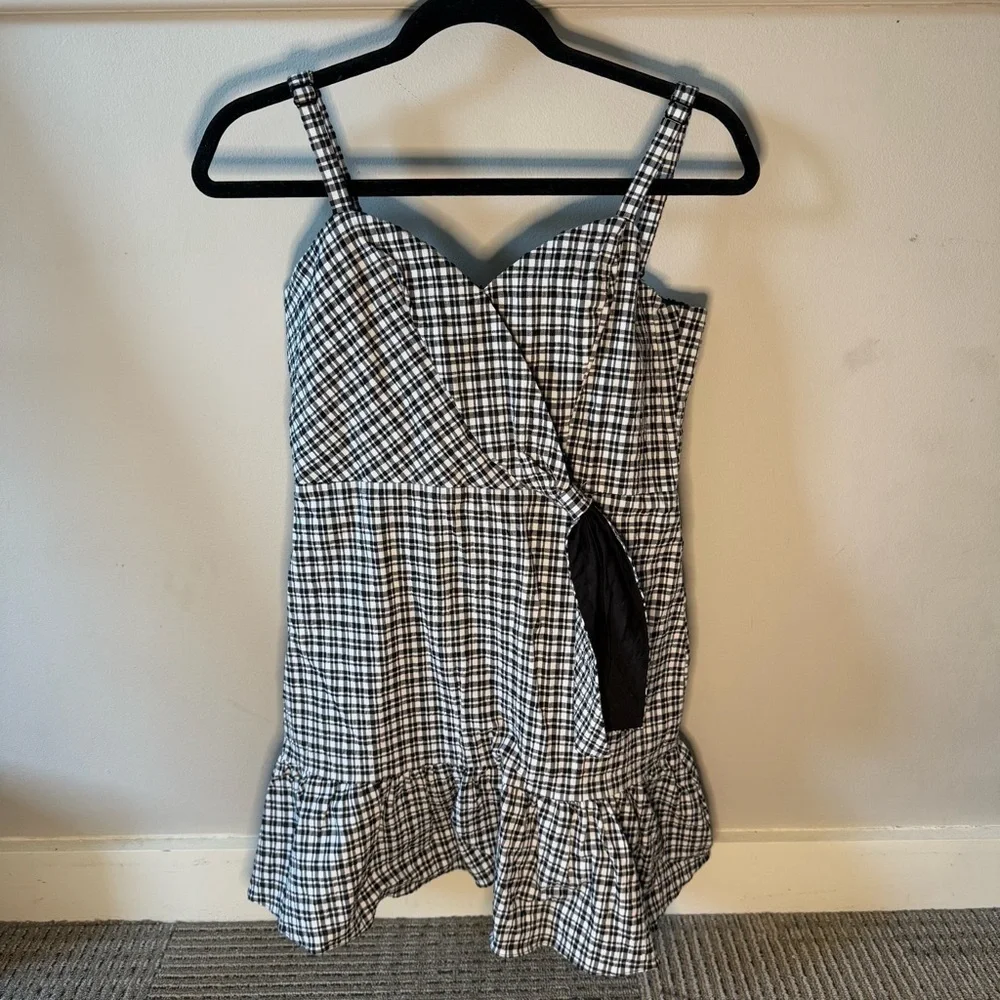 Parker Black and White Plaid Cinched Bow Adjustable Straps Mini Dress - Picture 1 of 5